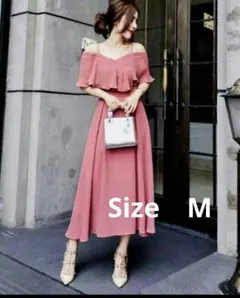 オフショルダー ピンク マキシ丈ワンピース　プリーツ