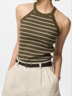 オリーブグリーンストライプタンクトップ M