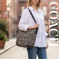 美品✨ COACH コーチ 大容量 ショルダーバッグ シグネチャー ブラック 黒