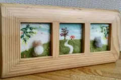 ✽·* 風薫る丘の上の風景＆猫ふたり… 羊毛フェルト 3連窓フレームアート✽·*のサムネイル