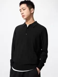 【2,090円引き】Lサイズ・黒色／メリノニットポロセーター