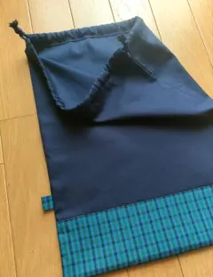 濃紺×ファミリアチェック大きめ巾着40×30cm体操服入、お着替え袋ハンドメイド