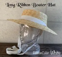 送料込 帽子 つば広 カンカン帽 ロングリボン 浅め 天然 リボン取り外し wh