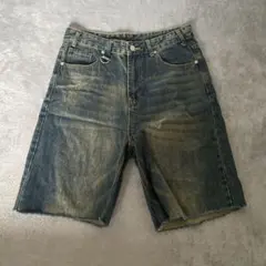 デニムショートパンツ ダークブルー フリンジ