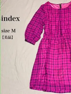 INDEX チェック膝丈ワンピース ピンク M美品 上品 キレイ シンプル 普段