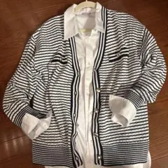 【美品】ネイビー✖️ホワイト　配色ボーダーVネック ニットカーディガン　春夏