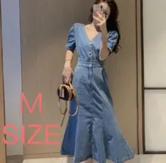 ☆韓国☆Vネック デニムワンピ マーメイドライン ボタンダウン 半袖
