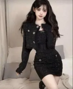 【新品】ツイード セットアップ ワンホン ミニワンピース ブラック 韓国Sサイズ