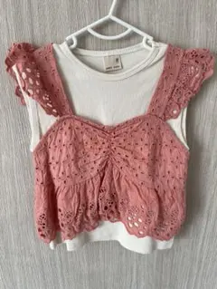 petit mainプティマイン レースキャミドッキングTシャツ ピンク 90㎝