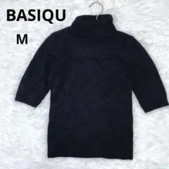 BASIQU ラメニット セーター 五分袖 ハイネック M 黒 アンゴラ ウール