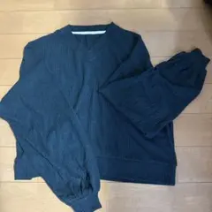 リブ編みVネック長袖ニット Mサイズ ダークブルー