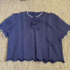 ネイビー リブ編み 長袖トップス M