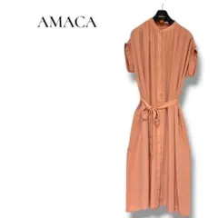 アマカ　AMACA 半袖 ロングワンピース ピンクベージュ　ウエストリボンのサムネイル