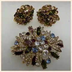 ヴィンテージ 花モチーフ ブローチ・イヤリングセット 良品