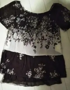 ブラウン✖ホワイト　花柄　半袖　L　ワンピース　チュニック。