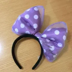 ミニーマウス 紫と白の水玉ビッグリボンカチューシャ　ディズニー