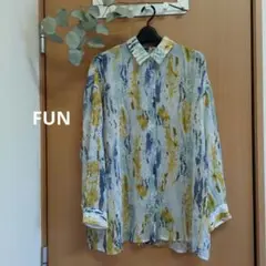 美品　FUN　青とくすみ黄のマーブル模様 長袖シャツ　シアーシャツのサムネイル