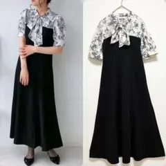 AS KNOW AS plus♡ボウタイドッキング5分袖ワンピ―ス　パフスリーブ