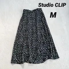 【スタジオクリップ】ロングフレアスカート (M) 花柄 黒 マキシ丈 きれいめ
