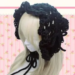 ハンドメイド　バブーシュカ　フリル　ブラック　リボン　ヘッドドレス　ボンネット