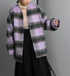 シャギーチェックコクーンコート