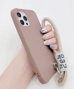 iPhone スマホケース　ストラップ付き　モカ
