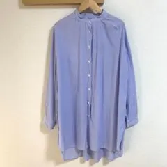 アースミュージック&エコロジー ストライプシャツ スタンドカラー チュニック丈