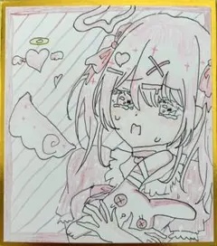 手描きイラスト 原画 女の子 桜 和風 春 ピンク 髪リボン アナログ色紙