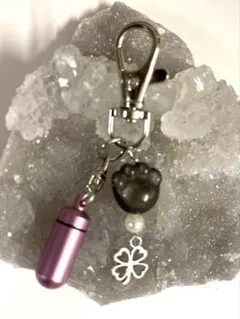 オリジナルஐ‬ペットメモリアル骨壷パワーストーンキーホルダー肉球オブシディアン