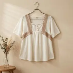 axes femme(M)半袖カットソー/生成色/レース柄/トップス