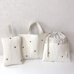 入園入学 ヌビバッグ2点セット レッスンバッグ 上履き袋 ハート刺繍