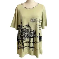 海外風景 プリント ラインストーン キラキラ スパンコール ビーズ カットソー