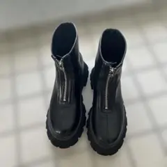 黒 レザー 厚底 ジッパーブーツ