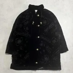 90's 00's ベロアコート ブラック 金色ボタン 花柄刺繍 中綿 レトロ