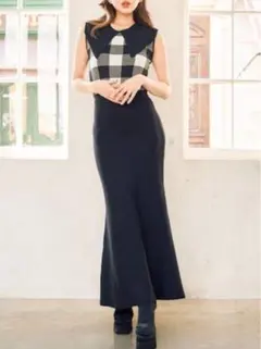 Darich ビッグカラーギンガムチェックニットロングワンピース