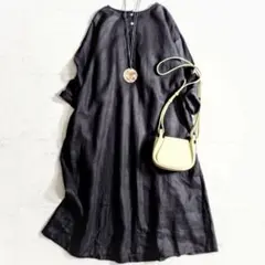 極美品✨ゼロハチマブ 08Mab リネンバックギャザーワンピース ブラック 麻