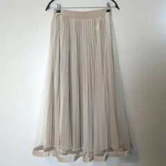 プリーツロングスカート ベージュ ベロア調×チュール