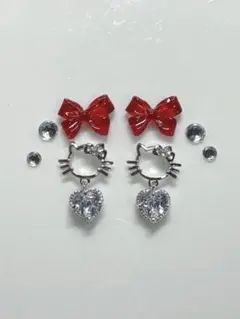 ネイルパーツ　キティ　2個　揺れるハート　ジルコニア　おまけパーツリボン付き♡
