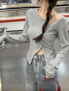 SHEIN 分割ボタンデザイン Tシャツ グレー 韓国 トップス