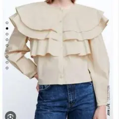 ZARA フリル付きポプリンシャツ ベージュ Lサイズ