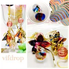 新作 友禅紙【紫橙系和柄】桜花傘&【虹】ドロップガラスの和風ピアス イヤリング