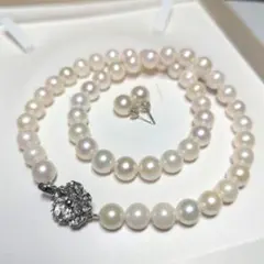 【ピアス付き】アコヤ真珠 パール ネックレス 8.2mm 42cm SILVER