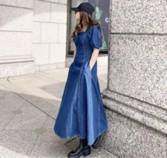 【完売品】ZARA デニムワンピース ボリュームスリーブ スクエアネック XS