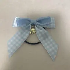 シナモン 水色 チェック柄リボン ヘアゴム