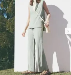 GU リブプルオンパンツXS&リブスリットチュニックMセットアップ　グリーン