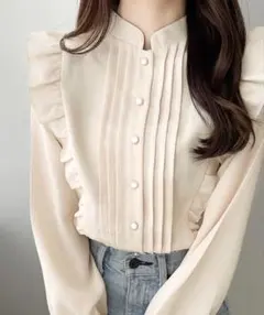 フリルブラウス 長袖 スタンドカラー レディース トップス　mily bilet