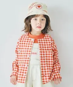 p.premier ギンガムチェックとデニムのノーカラーシャツジャケット　レッド