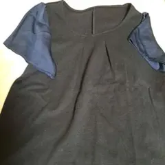 半袖プルオーバーネイビー袖サテン生地切り替え