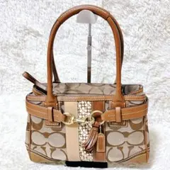 【美品】COACHコーチ　ハンプトンズストライプミディアムキャリーオール肩掛け