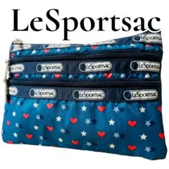 【美品】LeSportsac ポーチ 3段ファスナー ハート スター 青 小物